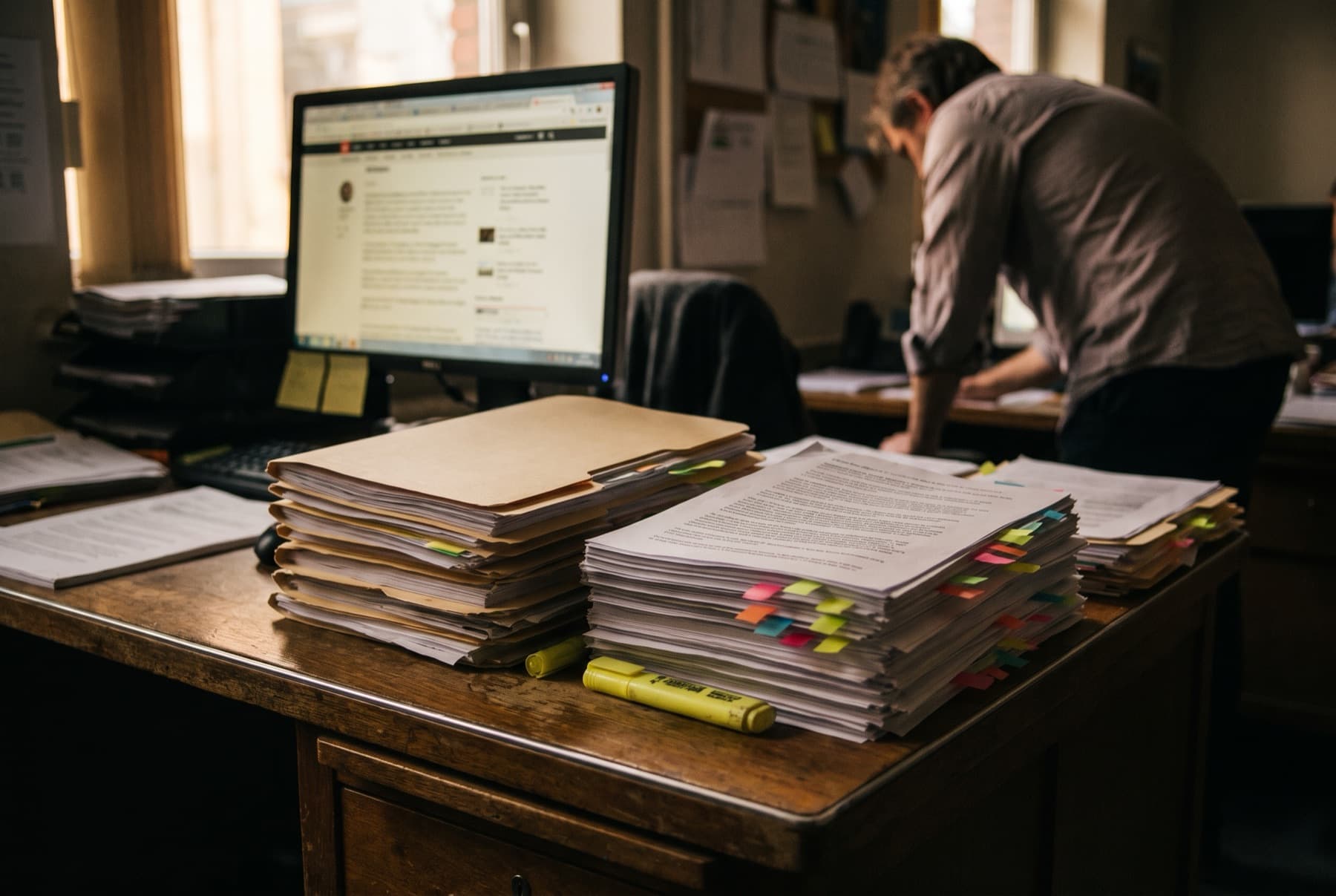 A newsroom research desk with stacks of printed court filings tabbed with sticky flags