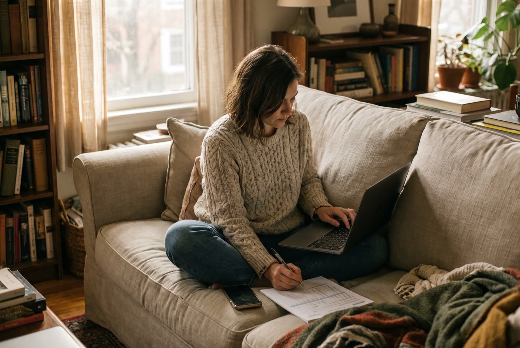 A woman in her thirties sitting on a couch with a laptop on her knees and a phone beside her
