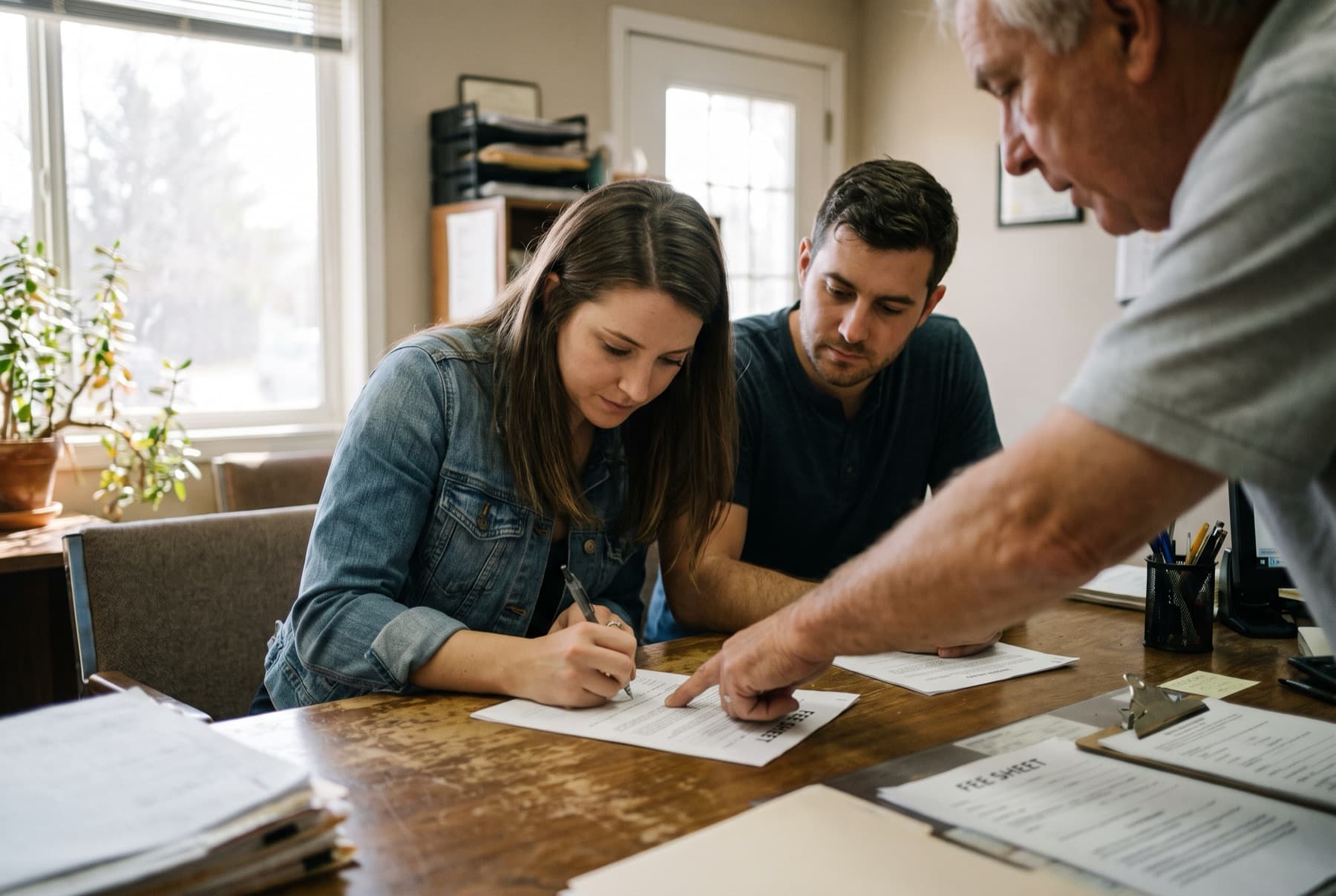 A young couple signing an apartment lease at a leasing office desk