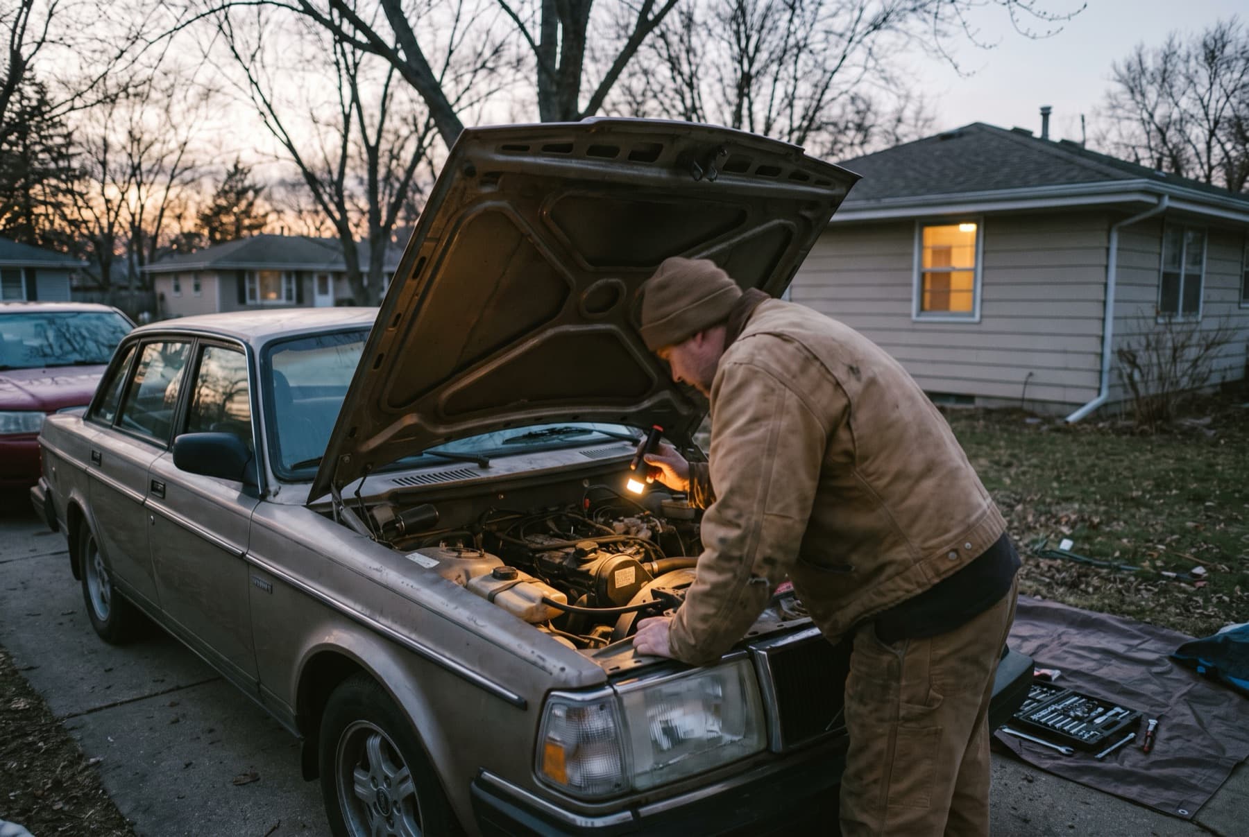 A sedan parked in a residential driveway at dusk with the hood open