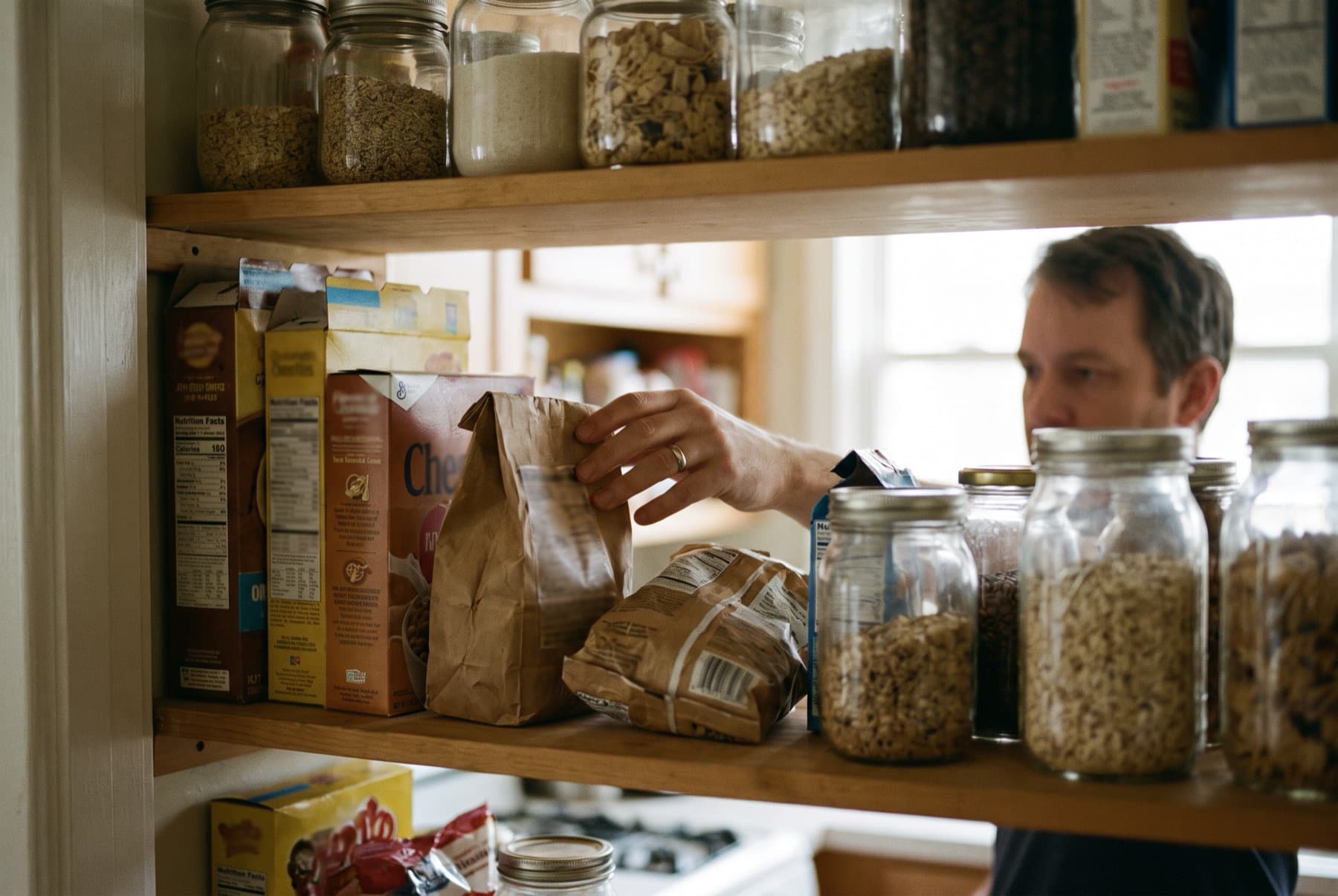 A home pantry shelf with jars, cereal boxes