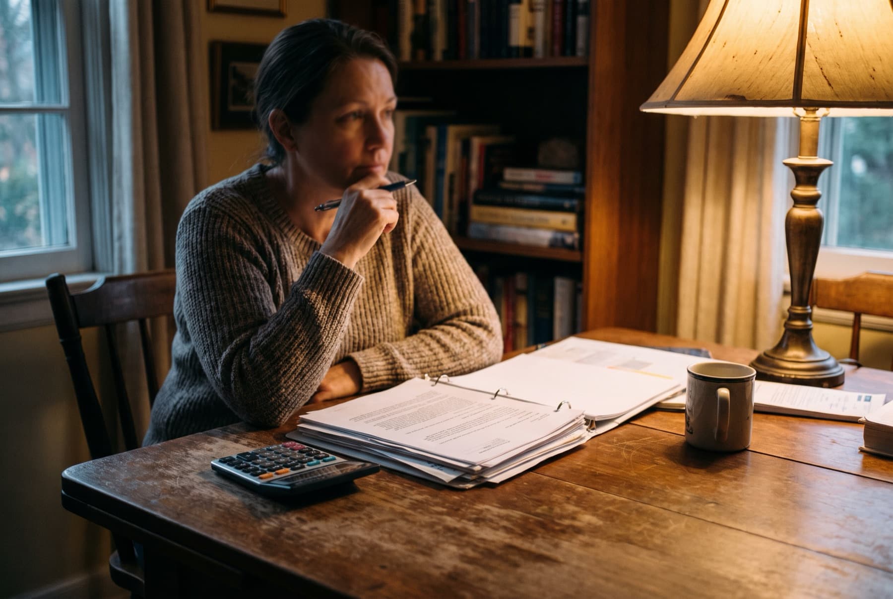 A woman at a dining table with a stack of credit card statements and a printed credit report