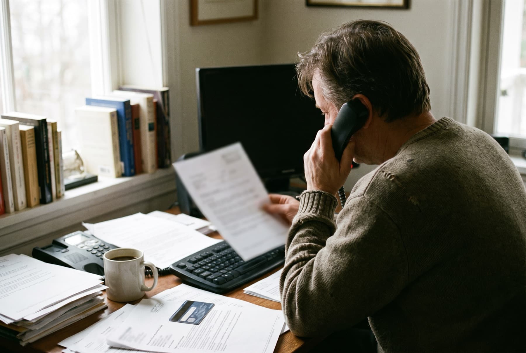 A person at a home office desk on the phone with a bank while looking at a printed data breach notice letter