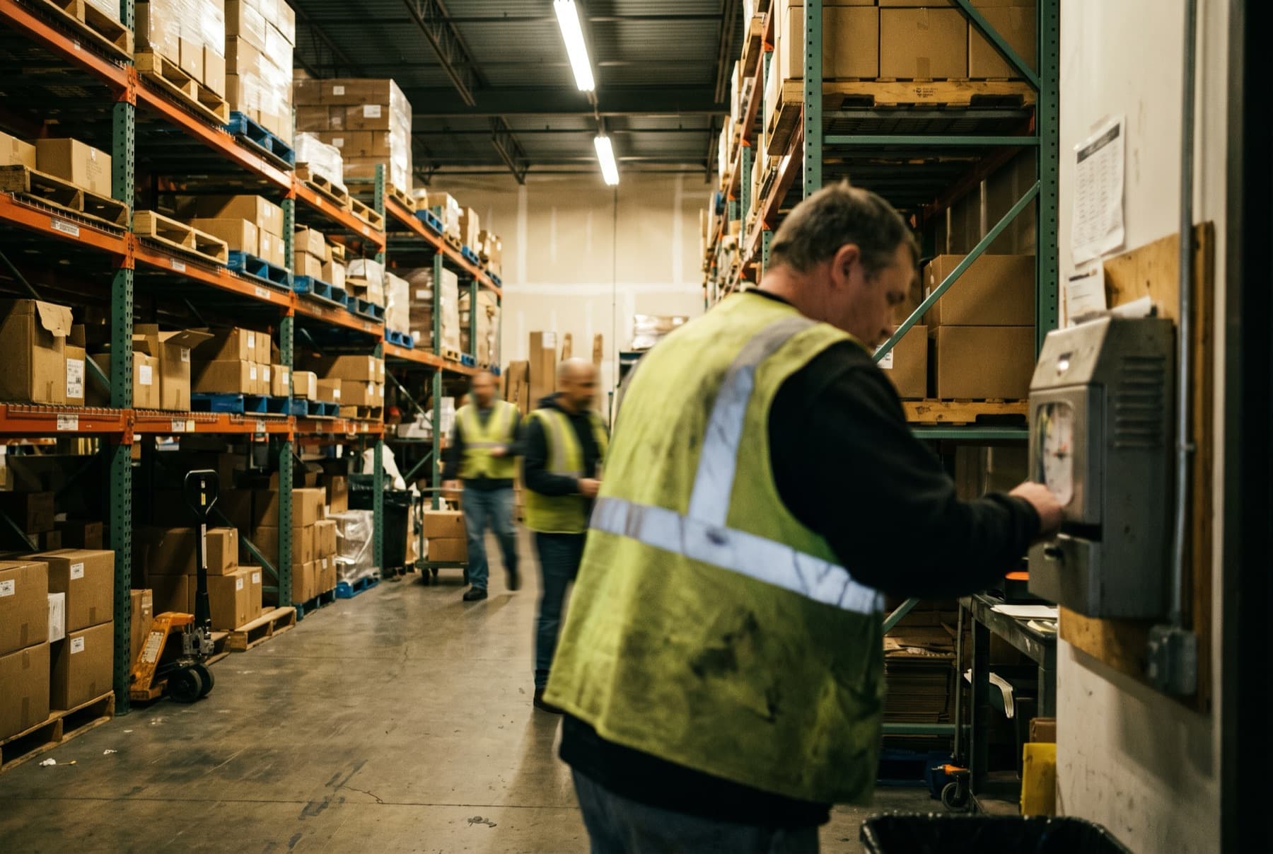 A warehouse worker in a safety vest checking a time clock at shift change