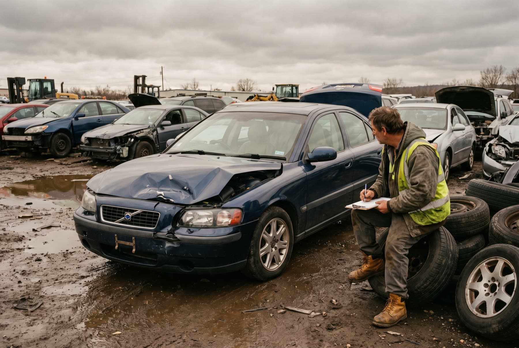 A car crushed at the front in a tow yard on an overcast day