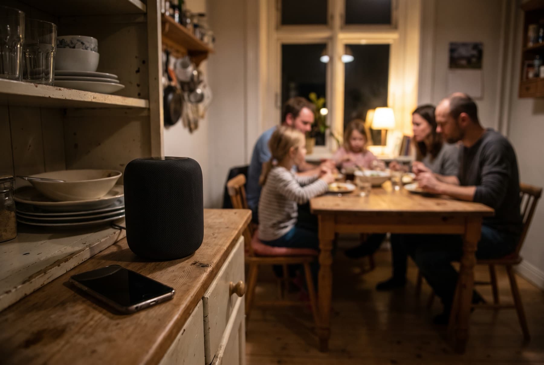 A smart speaker on a kitchen shelf next to a phone lying face up