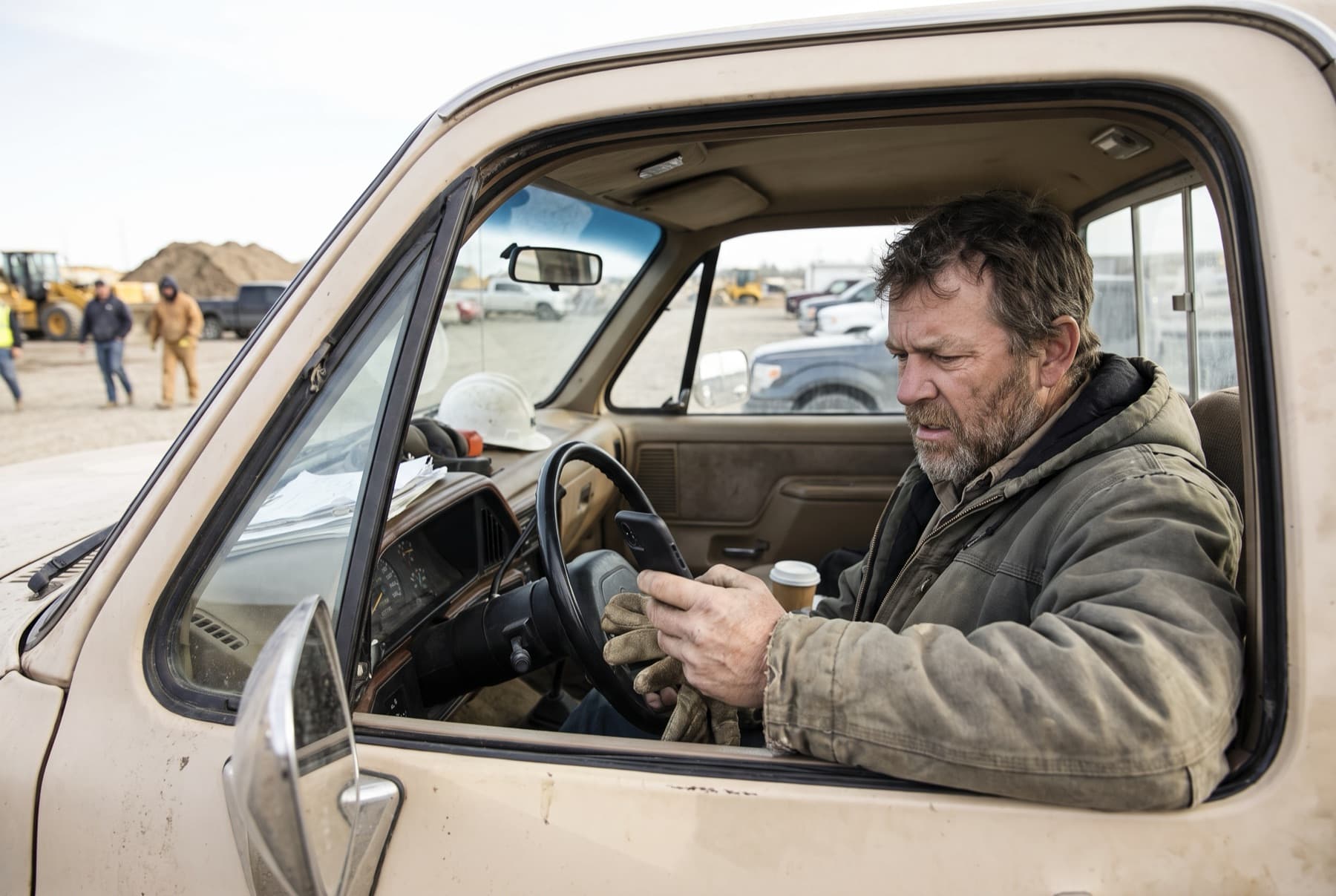 A middle-aged man in a pickup truck cab holding his phone and looking at it with irritation