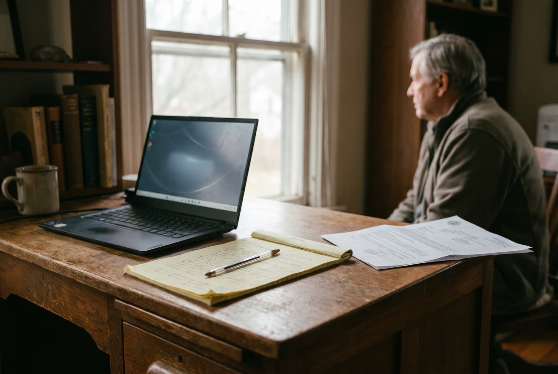 A reading desk by a window with an open laptop