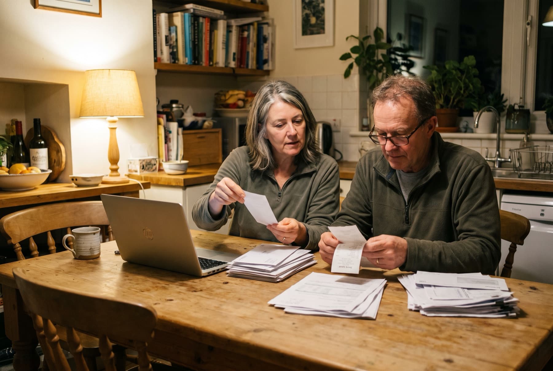 A couple in their fifties at a wooden kitchen table sorting through printed bank statements