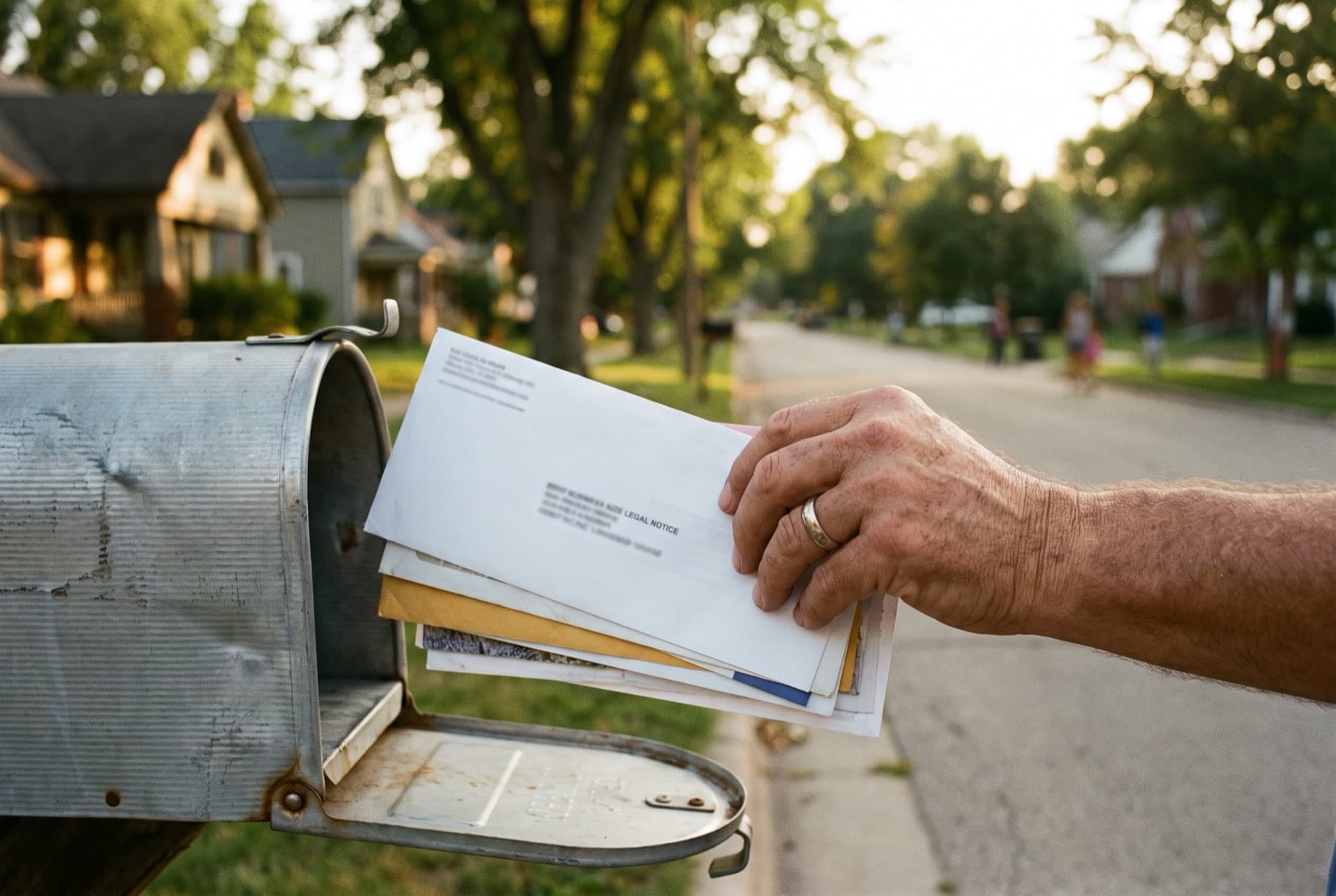 Close view of a hand pulling a stack of envelopes from a residential curbside mailbox at golden hour