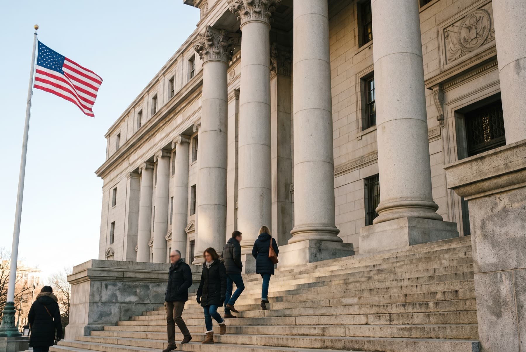 Wide view of the stone facade and columns of a federal courthouse on a bright clear morning