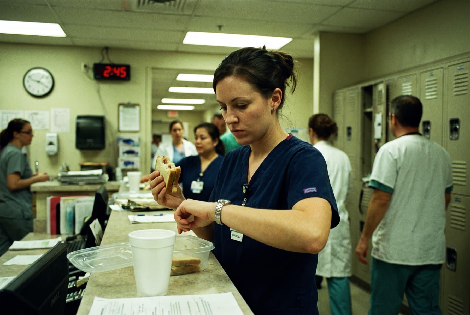 A nurse in scrubs eating a quick meal standing at a hospital break room counter